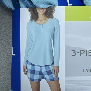 Eddie Bauer Women's L 3-Piece Waffle Fleece Sleep Set Blue e0441